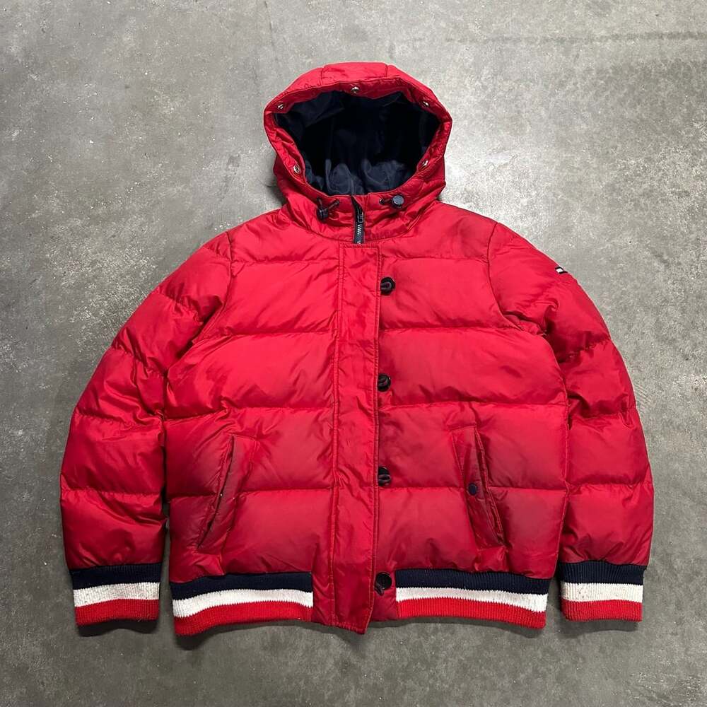 Tommy Hilfiger Denim Red Hooded Down Puffer Jacket Size XL